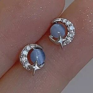 Blue Cat's Eye Stone Moon and Star Earrings